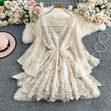 Fongt Dali Tourism Holiday Dress Women New Gentle Wind Tied V Tie Horn Sleeve Hollow Knitting Short
