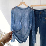 Fongt Shot Giant Beautiful Denim Blue Mesh Undershirt Women's Cuff Button Slit Thin Long-Sleeved T-Shirt Top Ins-Outfit