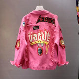 / Yellow Jeans Jacket New Spring Autumn Women's Graffiti Alphabet Printing Lace Bow Pin Hole Denim Jacket Student Basic
