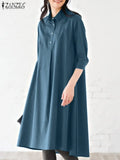 Women Summer Lapel Neck Half Sleeve Shirt Dress Casual Work OL Solid Loose Sundress Knee-length Vestidos Robe