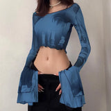 Summer New 2024 Mesh Printing Round Collar Horn Long Sleeve Perspective Exposed Umbilical Casual Women's