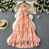 Fongt Hollow Hanging Neck Sling Dress Female Pure Lust Atmosphere Feel Waist Thin Temperament Super Fairy Holiday Floral Dress