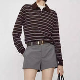 Fongt Summer New Temperament Thin Gentle And Comfortable Wash Wool Hit Striped Knitting Long-Sleeved Polo Shirt