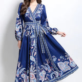 Fongt Court Retro Cross V Tie With Belt Lantern Sleeve Print Big Pendted Dress Woman 2025 Spring