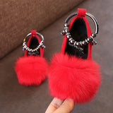 Autumn Winter New Girls Single Princess Shoes Children's Flat Shose Kid Baby Warm Flock Fluffy Bowkont Beaded