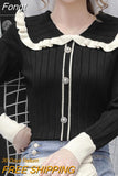 Winter Sweater Peter Pan Collar Pearl Button Pullover Women Long Sleeve Top Knit Slim Hit Color Sweaters Ladies Pull