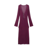 Fongt Women's Explosive Long-Sleeved Knitted Hollow V-Neck Dress