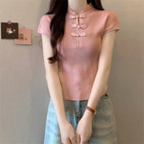 Chinese Buckle Design Positive Shoulder Short Sleeve Knit Shirt Girl Summer Thin Temperament With Short Cheongsam