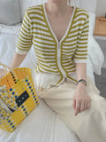 New 2022 Chic Striped Korean Fashion Zipper Cardigans Knitted Women Summer V-Neck Vintage Elegant Lady Tops