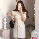 Fongt Chic French Temperament Round Collar Chic Metal Button Slim Slim Short Sleeve Wrapped Hip Tweed Dress Woman-Outfit