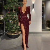 Fongt Women's Sexy One-Shoulder Long-Sleeved Embroidered Dress Open Fork Long Dress INS