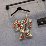 Women Summer Midi Dresses 2022 White Mesh Short Sleeve Dresses And Print Bow Straps Vest Dress Suits Sweet Korean