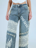 Fongt Style Hot Lace Spliced Straight Jeans Women's Summer Strap Design Prints Denim Trousers