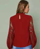 Fongt New 褶領透视 Tulle Lace Lantern Sleeve Temperament Blouse