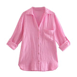 Spring Autumn Women Retro Simple Style Loose Long Sleeve Basic Solid Color Shirt Casual Chic