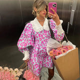 Fongt Spring New Dress Fashion Long Sleeve High Waist Print A-Line Skirt Doll Collar Fluffy Skirt-Outfit