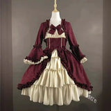 Fongt Retro Gothic Court Dress Side Collar Waist Thin Spliced Bow Design Ladies Dress