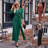 Fongt New 2024 Women's V-Neck Solid Color Kink Waist Long-Sleeved Dress-Outfit