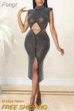 Beautiful Cut-Out Twist Front Slit Crystal Midi Dress Sparkle Summer Mock Neck Sequins Party Dresses Birthday