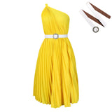 Fongt With Belt Women's New Fashion Temperament Slanted Shoulder Solid Color Pressure Folding Large Dress Folding