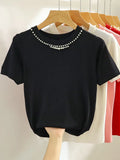 Knitted T-shirt Women Top Solid Tank Y2K Summer New Fashion Female Sleeveless Beading Casual Thin Tops 2024-Outfit