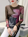 Autumn Winter Double-Layer Mesh T-shirt Female Printing Positioning Flower Long Sleeved Round Neck Slim Top FF0923-Outfit