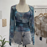 Fongt Babes Tie-Dye Net Yarn Sunscreen Cardigan Two Sets Of Sling Vest + Long-Sleeved Shirt Top 8056