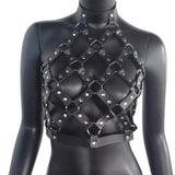 Women Body Harness PU Leather 2 Piece Set Black Camis Punk Adjustable Garter Belt Hollow Out Weaved Belt Backless