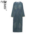 Women Denim Dress Back With Zipper Spring Elegant Dresses For Women Round Neck TRAF