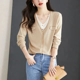Solid Color Knitted T-shirt Button Female Clothing Korean Spring Autumn Fake Two Pieces Spliced Casual V-Neck Pullovers-Outfit