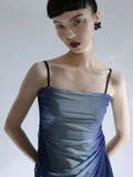 Gradient Blue Patchwork Strap Dress Spring New Ruched Backless A-line Vestidos Sexy Hot Slim Fit Long Robe Mesh Y2k-Outfit