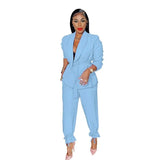 Women's 2PCS Pants Set Solid Lace up Long Sleeve Blazer Suits and Pants for Ladies Slim Fit Casual Two Piece Sets