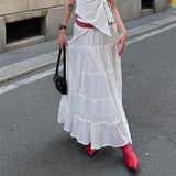 Fongt Skirt 2023 Summer White Cotton Patchwork Low Waist Slit Skirt-Outfit