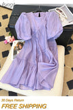 Summer Women's Purple Short Bubble Sleeve Round Neck Elegant Dresses Spring Casual Loose Mini Dresses Ladies
