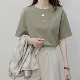 Fongt Sleeve Korean Round Collar T-Shirt Female 2024 Summer Loose Plant Print Casual Solid Color Student Half Sleeve Top