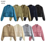 Fongt New Women's Fashion French Big Pocket Short Autumn Bomber Jacket Jacket