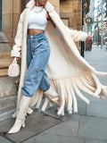 Women's Faux Fur Warm Coat Lapel Casual Loose Long Sleeve Hem Tassel Plush Overcoat 2023 Winter New Tide-Outfit