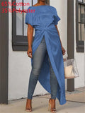2022 Summer Women Asymmetrical Blouse Sexy Split Hem Striped Party Tops Long Ladies Office Shirt Ladies Tunic Blusas