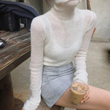 White Korean Knitted Sweater For Women Turtleneck Long Sleeve Autumn Slim Pullover Female Clothing Fashion New