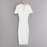 New Spring Temperament Slim Polo Neckline Elastic Knitted Short-Sleeved Side Forked Dress-Outfit