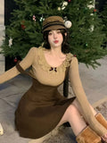 Elegant 2 Piece Dress Set Slim Bodycom Knitting Blouse + High Waist Solid Y2k Mini Dress Korean Fashion Suit 2024 Spring-Outfit