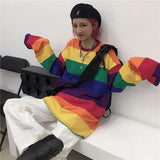 Women's Rainbow Striped T-shirt Long-sleeved Spring Autumn New Style Korean Student Loose Fashion Top Oversize Kawaii
