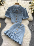 Denim Two Piece Suits Women Sexy Love Pocketshirt Crop Tops Mini Ruffles Skirts Outfits Female Elegant Cowboy 2 Piece Set-Outfit