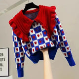 Fashion Sweet Cardigan Women Chic Peter Pan Collar Heart Button Hit Color Long Sleeve Knitted Sweater Coat Cute Loose Top-Outfit
