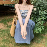Fongt Flower Hoisted With Slings With Blue Half-Dressed Women 2025 Summer New Holiday Style Sweet And Spicy Two Sets