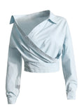 Fongt 2024 New Niche Design Irregular Cross Off-Shoulder Design Sense Long-Sleeved Shirt Women's Simple Top-Outfit