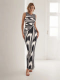 Fongt 2025 New Round-Neck Elastic Body Abstract Cuffless Knitted Long Dress Women Tight-Up