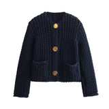 Fongt 2025 New Women's Solid-Color Casual Fashion Coarse Knit Long-Sleeved Sweater Cardigan Jacket