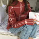 Sweater Women High Collar Plaid Pullover Full Sleeve Sweater Rabbit Velvet Sweater