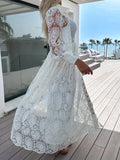 Women Turn Down Collar Long Dress Loose Button Patchwork Casual Solid Dress Elegant Lady Long Sleeve Lace Party